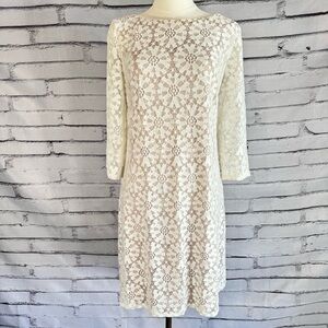 Jessica Howard Ivory Lace Shift Dress Size 14 Boat Neck 3/4 Sleeve Wedding Guest